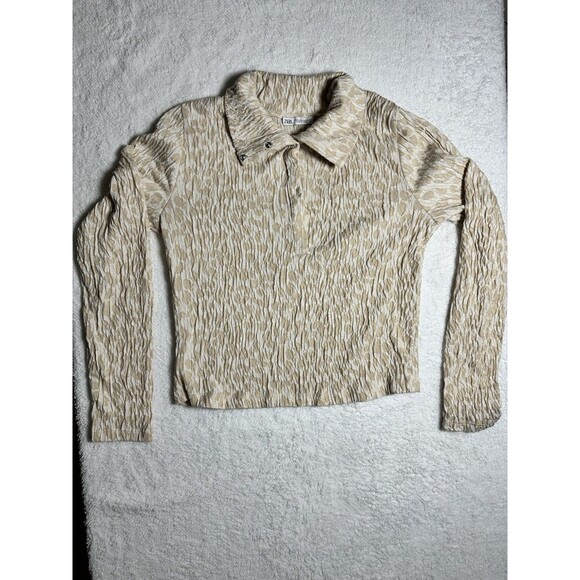 Zara Long Sleeve Beige Animal Print Cropped Crinkled Snap Button Top Sz L - Picture 1 of 7